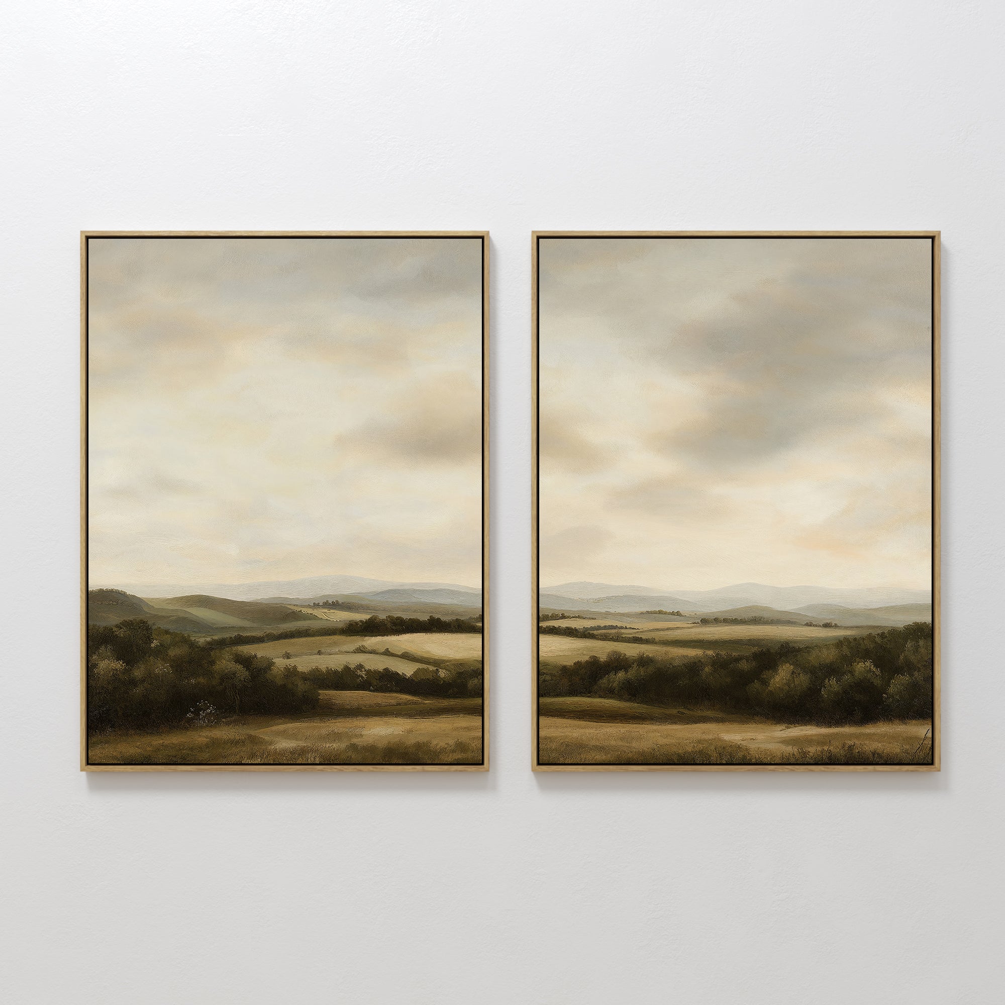 The Beneath The Clouds Set of 2 features framed canvas prints with serene, muted landscapes—an elegant choice for minimalist wall art to elevate any space.