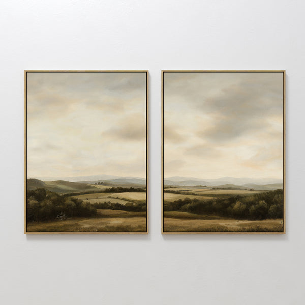 The Beneath The Clouds Set of 2 features framed canvas prints with serene, muted landscapes—an elegant choice for minimalist wall art to elevate any space.