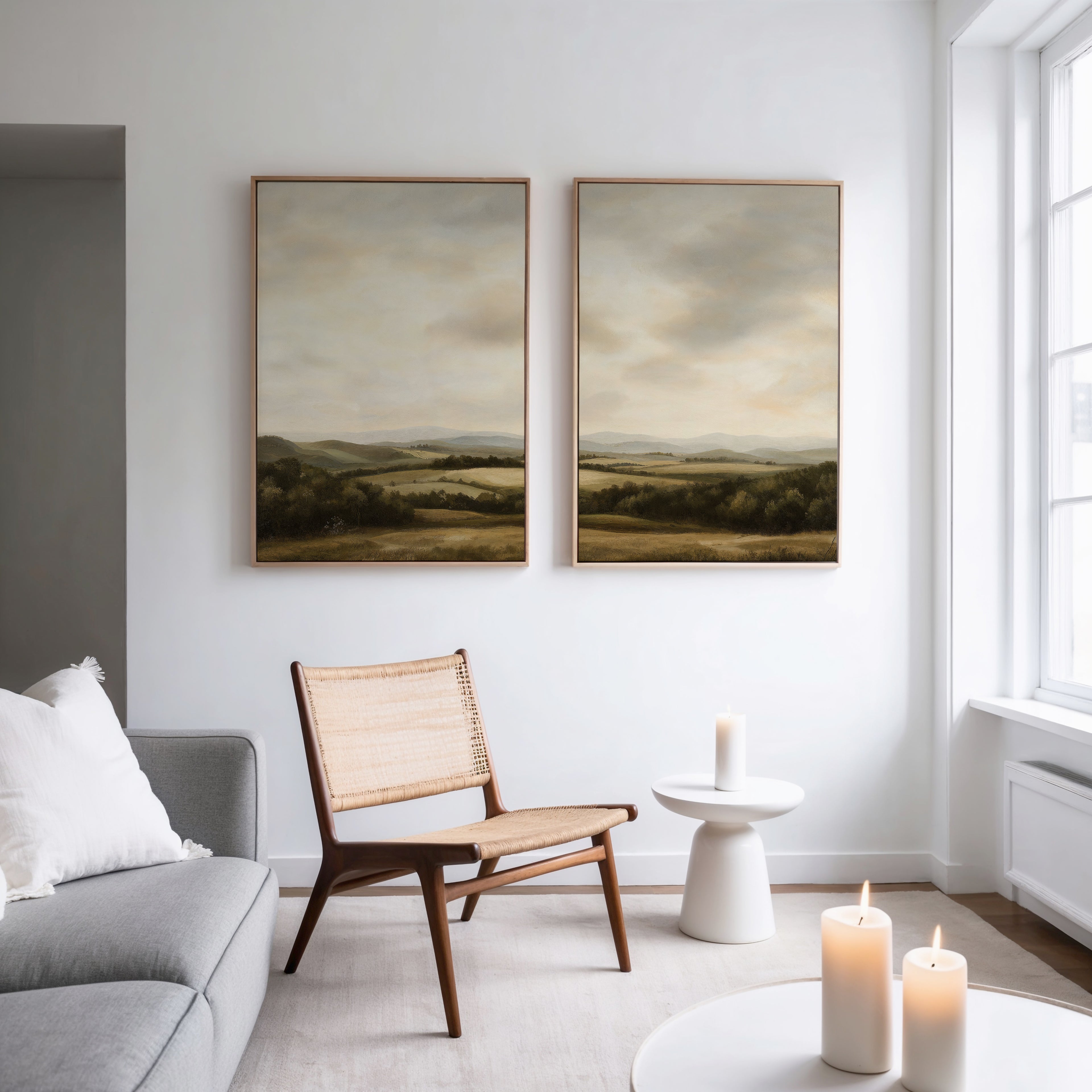 A modern, minimal living room with a gray sofa, wooden chair, small white side table, and three lit candles. Above the chair, the Beneath The Clouds Set of 2 canvas hangs on a white wall. Large windows fill the space with natural light.