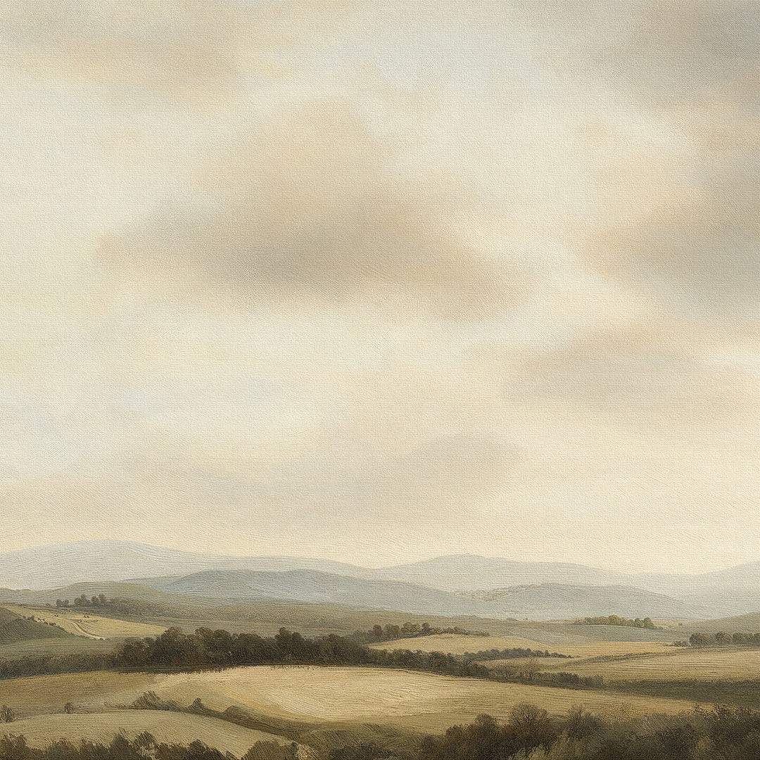 Beneath The Clouds Canvas Art features rolling hills, scattered trees, and a pale cloudy sky in soft, muted tones—perfect minimalist wall art to bring a calming touch to any space.