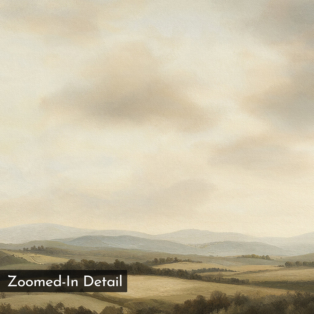 The “Beneath The Clouds Canvas Art” features soft, muted hills under a cloudy sky, with fields and trees in front. Minimalist wall art with “Zoomed-In Detail” labeled in a black box at the lower left corner.