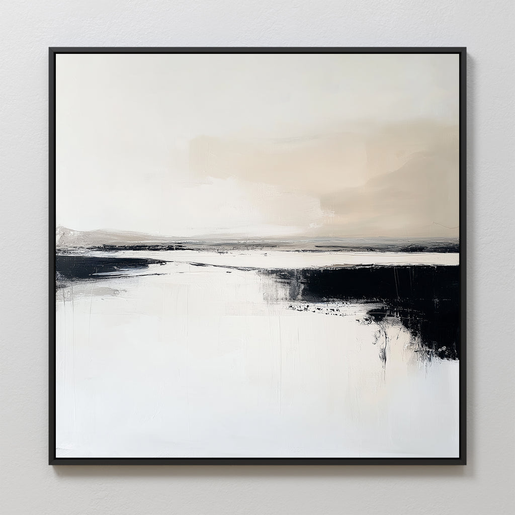 The Binary Calm Abstract Canvas Art features a minimalist abstract landscape in beige, white, and black, with calm water and a dark shoreline, framed in black for modern elegance on any light-colored wall.