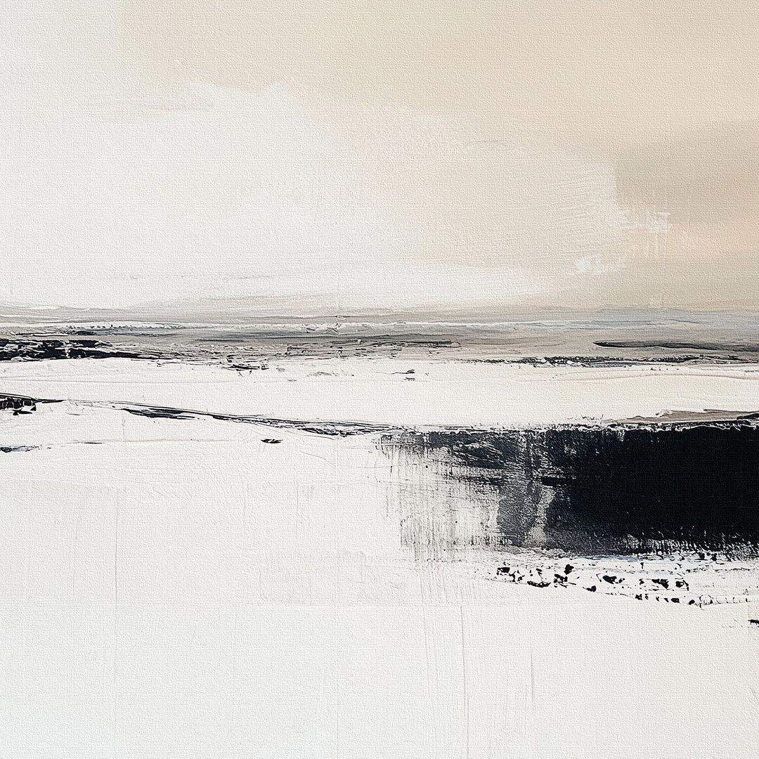 Binary Calm Abstract Canvas Art showcases wide brushstrokes in white, beige, and black, evoking a snowy landscape with a dark central band and soft blended textures for sophisticated, modern elegance.