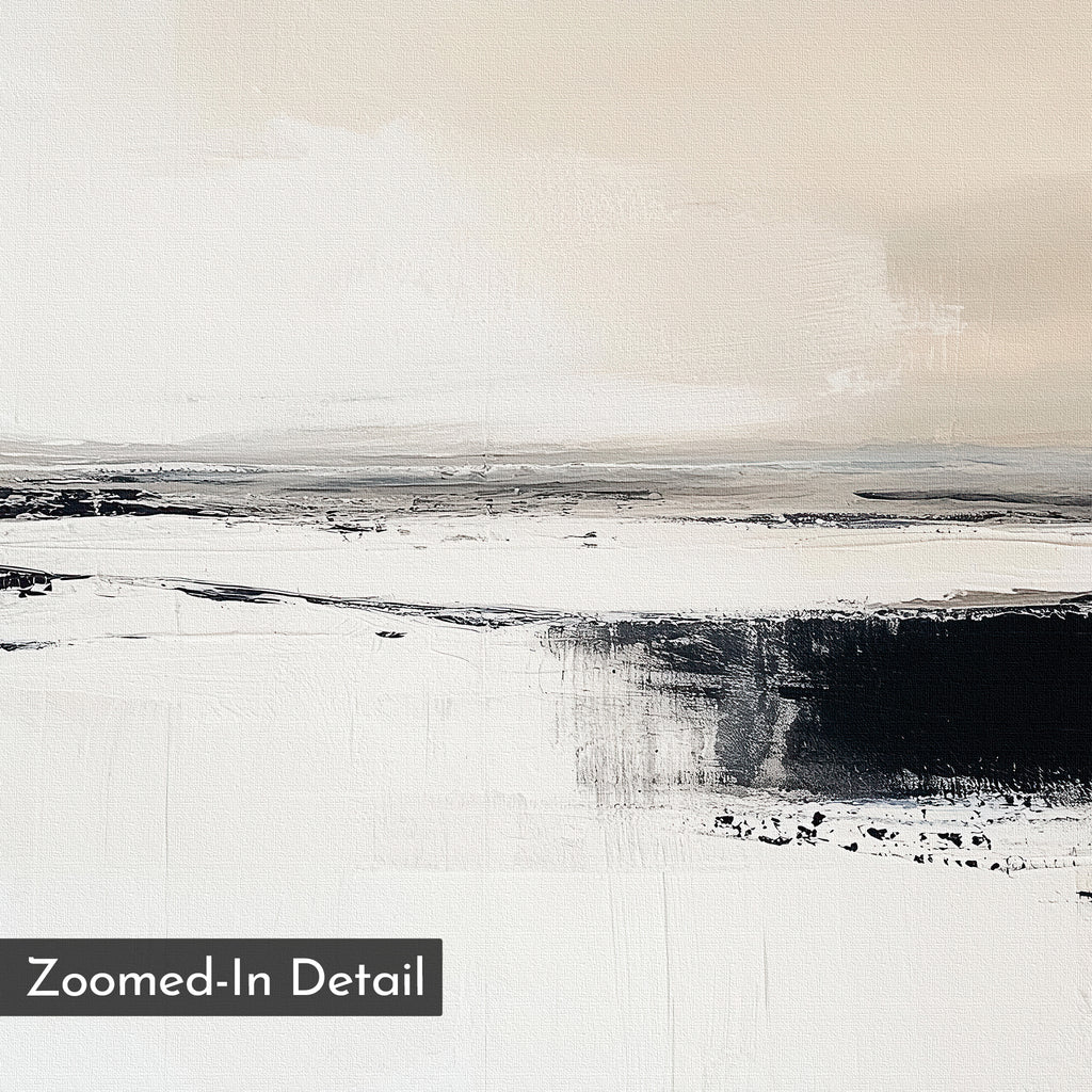 Binary Calm Abstract Canvas Art features broad, textured black and white brushstrokes with subtle beige tones above and a mostly white foreground blending into black and gray lines. "Zoomed-In Detail" text is shown in a box.