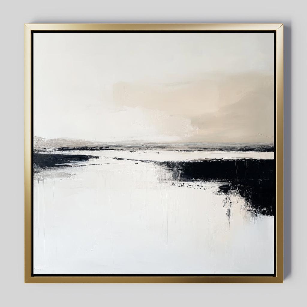 Binary Calm Abstract Canvas Art: A gold-framed abstract painting in neutral beige and white with striking black brushstrokes, evoking minimalist landscapes and tranquil reflection—ideal for modern, elegant wall decor.