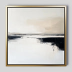 Binary Calm Abstract Canvas Art: A gold-framed abstract painting in neutral beige and white with striking black brushstrokes, evoking minimalist landscapes and tranquil reflection—ideal for modern, elegant wall decor.