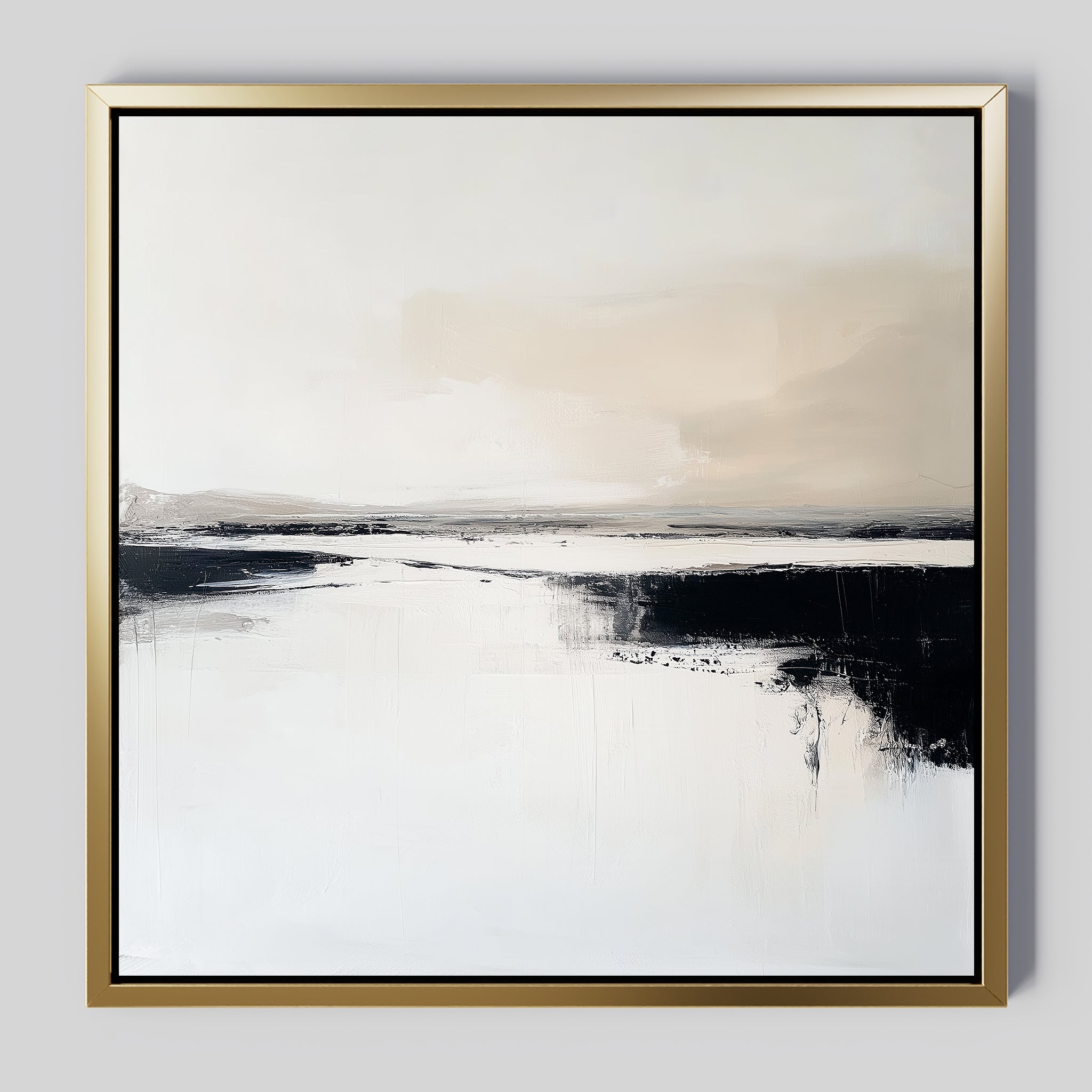 Binary Calm Abstract Canvas Art: A gold-framed abstract painting in neutral beige and white with striking black brushstrokes, evoking minimalist landscapes and tranquil reflection—ideal for modern, elegant wall decor.