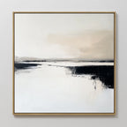 The Binary Calm Abstract Canvas Art features soft beige, white, and black tones in a serene, minimalist landscape with blurred horizons. Framed in light wood on a white wall, it exudes modern elegance through its neutral palette.