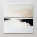 The Binary Calm Abstract Canvas Art showcases soft beige and white tones with bold black brushstrokes, evoking a serene landscape. This minimalist wall art adds modern elegance to any light-colored room.