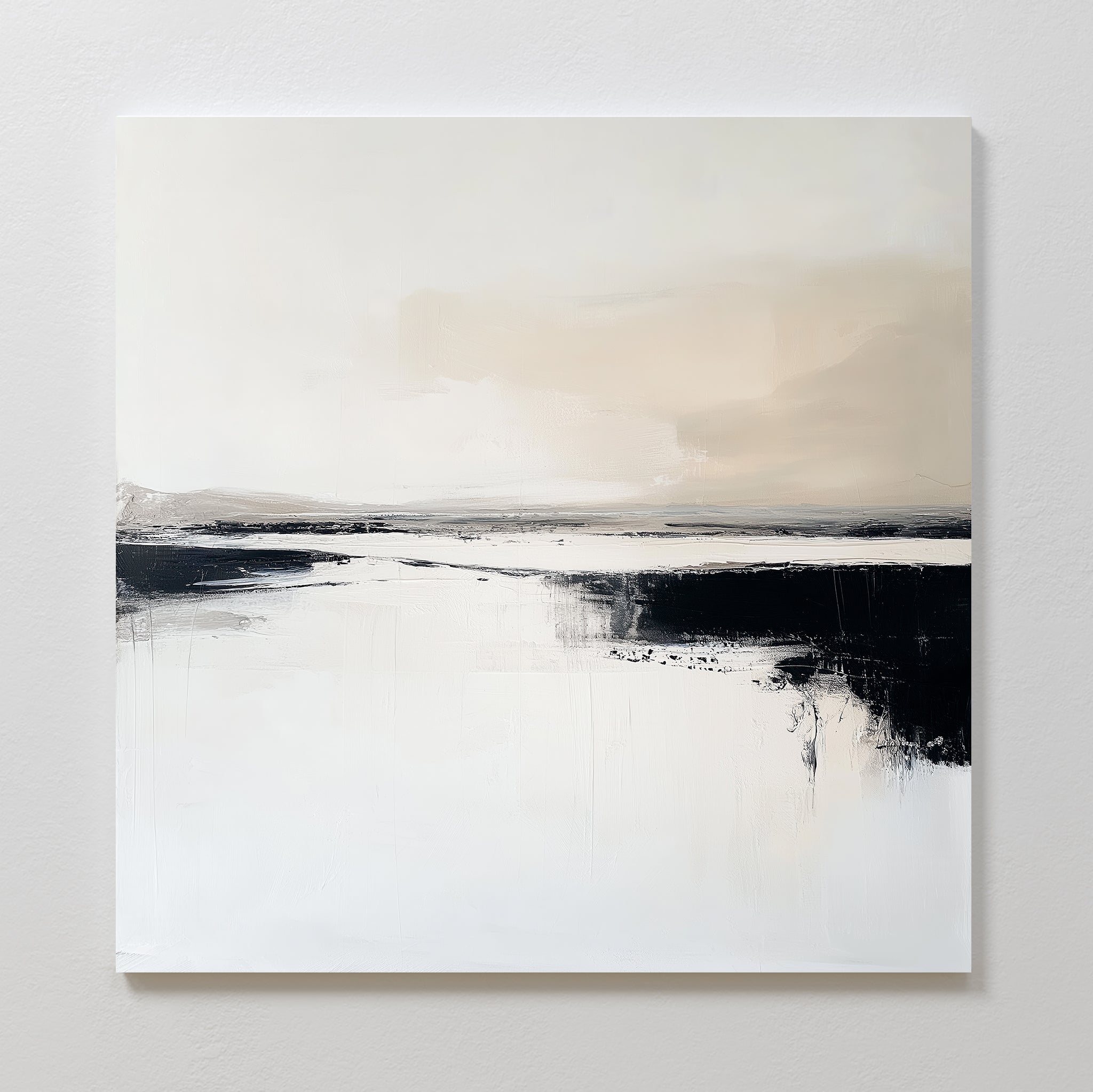 The Binary Calm Abstract Canvas Art showcases soft beige and white tones with bold black brushstrokes, evoking a serene landscape. This minimalist wall art adds modern elegance to any light-colored room.