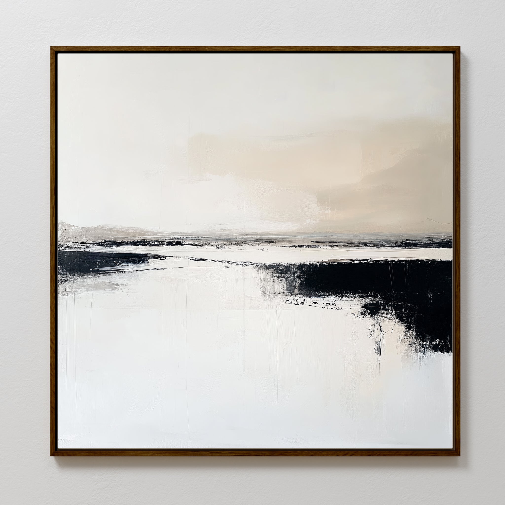 Binary Calm Abstract Canvas Art: A framed abstract painting showcasing modern elegance with soft, neutral tones—white, beige, and black—in a minimalist landscape design featuring gentle brushstrokes and subtle contrasts.