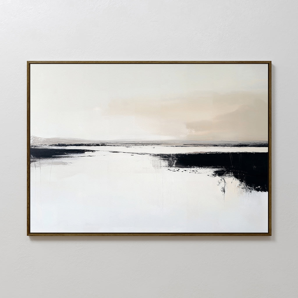 Binary Calm Abstract Canvas Art – Horizontal features a minimalist landscape with a pale sky, dark strokes, and a neutral palette of white, beige, and black. This modern wall art is presented in a simple frame for an elegant look.