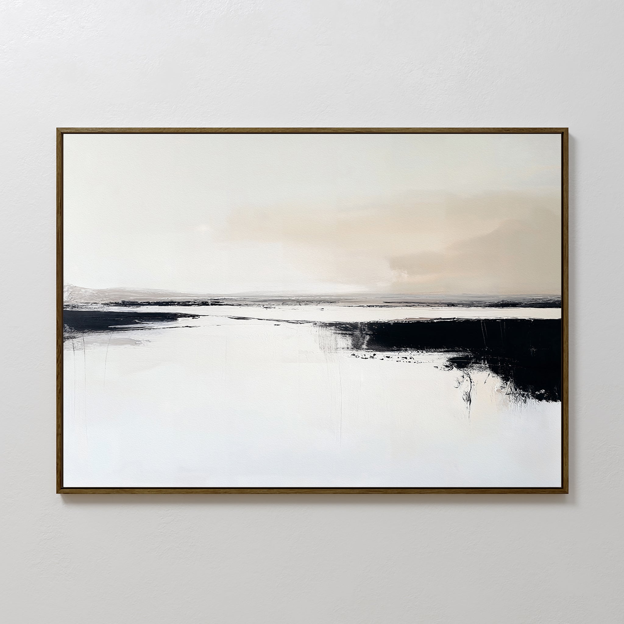 Binary Calm Abstract Canvas Art – Horizontal features a minimalist landscape with a pale sky, dark strokes, and a neutral palette of white, beige, and black. This modern wall art is presented in a simple frame for an elegant look.