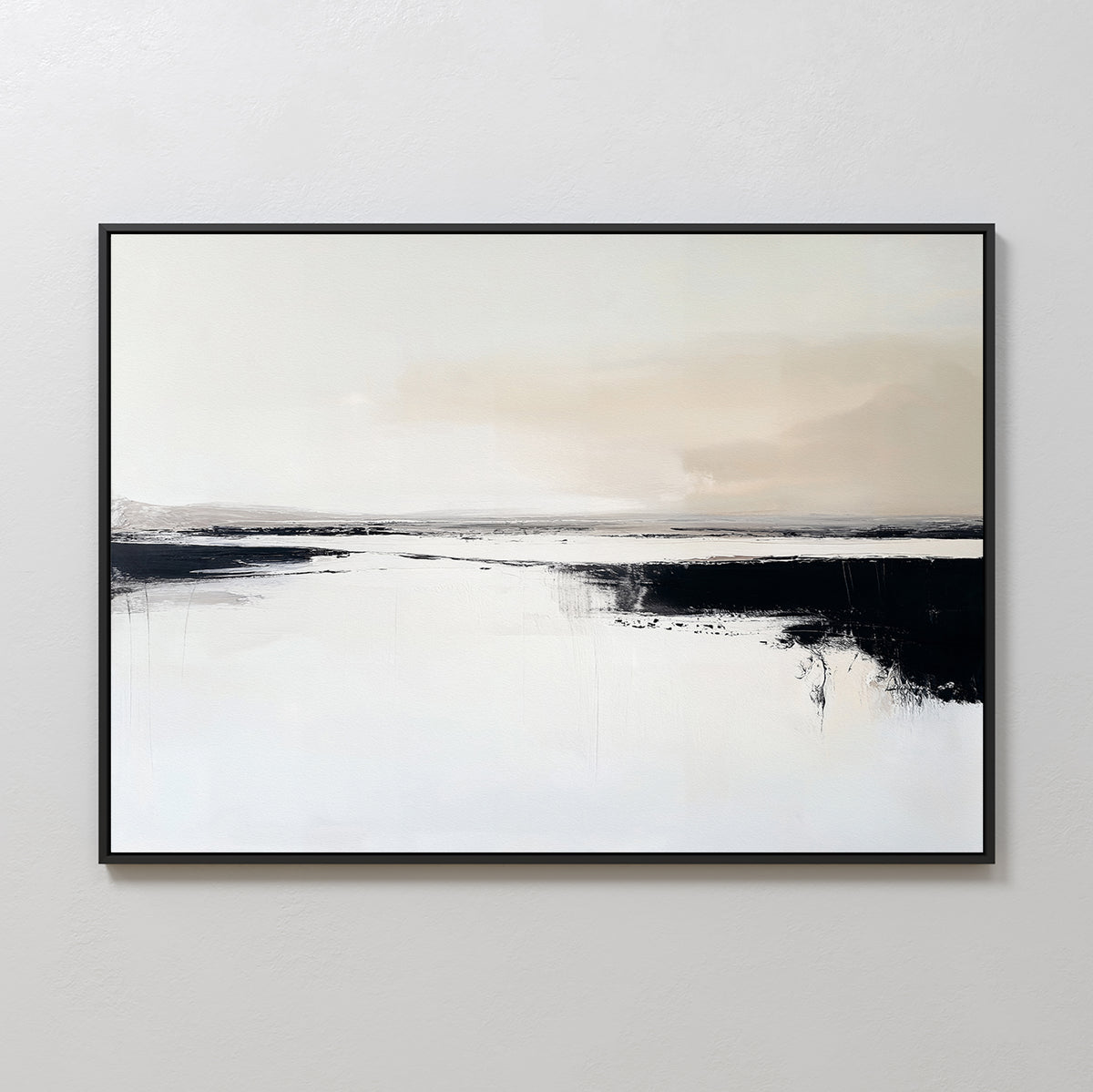 The Binary Calm Abstract Canvas Art – Horizontal features a muted beige sky, soft horizon, and bold black brushstrokes, creating a serene landscape effect on white, perfect for adding minimalist elegance to a light-colored wall.