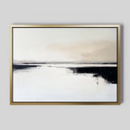 Binary Calm Abstract Canvas Art – Horizontal features a gold-framed minimal landscape with soft beige and gray tones, a white center, and bold black accents—ideal minimalist wall art for any modern space.