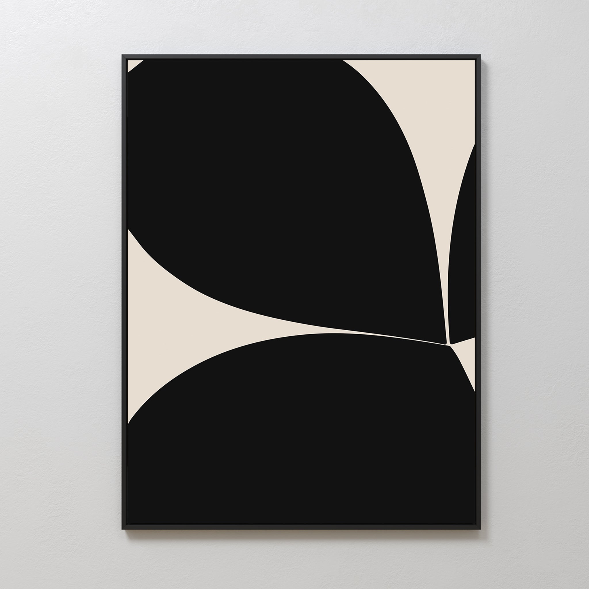 The Black Botanical Abstract Canvas Art features bold black curved shapes on a beige background, creating a minimalist modern look. This contemporary wall art uses negative space for striking visual appeal in any space.