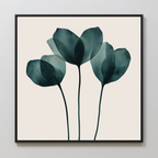 Leafy Balance Canvas Art showcases three translucent, teal flowers with long stems on a light beige background in a black frame. Overlapping petals add elegance and serenity—ideal for modern living room decor.