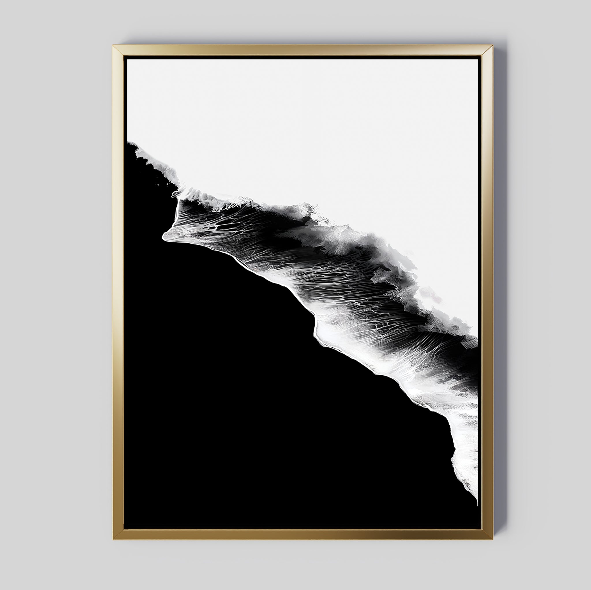 Black Ocean Abstract Canvas Art features a black and white abstract design inspired by ocean waves, set in a gold-bordered frame with a clean white background—ideal as large wall art for modern spaces.