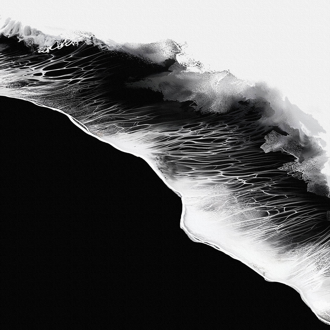 Black Ocean Abstract Canvas Art features intricate white lines and textures on a dark background, evoking ocean waves in motion—ideal minimalist wall art for modern spaces.