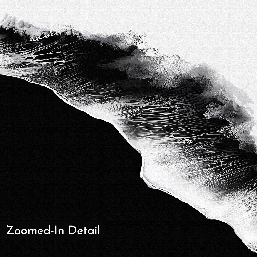 Black Ocean Abstract Canvas Art features intricate black and white textures resembling ocean waves, with bold contrasts. Ideal for large or minimalist wall decor. The lower left corner includes the text “Zoomed-In Detail.”.