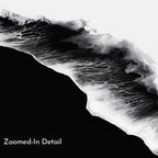 Black Ocean Abstract Canvas Art features intricate black and white textures resembling ocean waves, with bold contrasts. Ideal for large or minimalist wall decor. The lower left corner includes the text “Zoomed-In Detail.”.