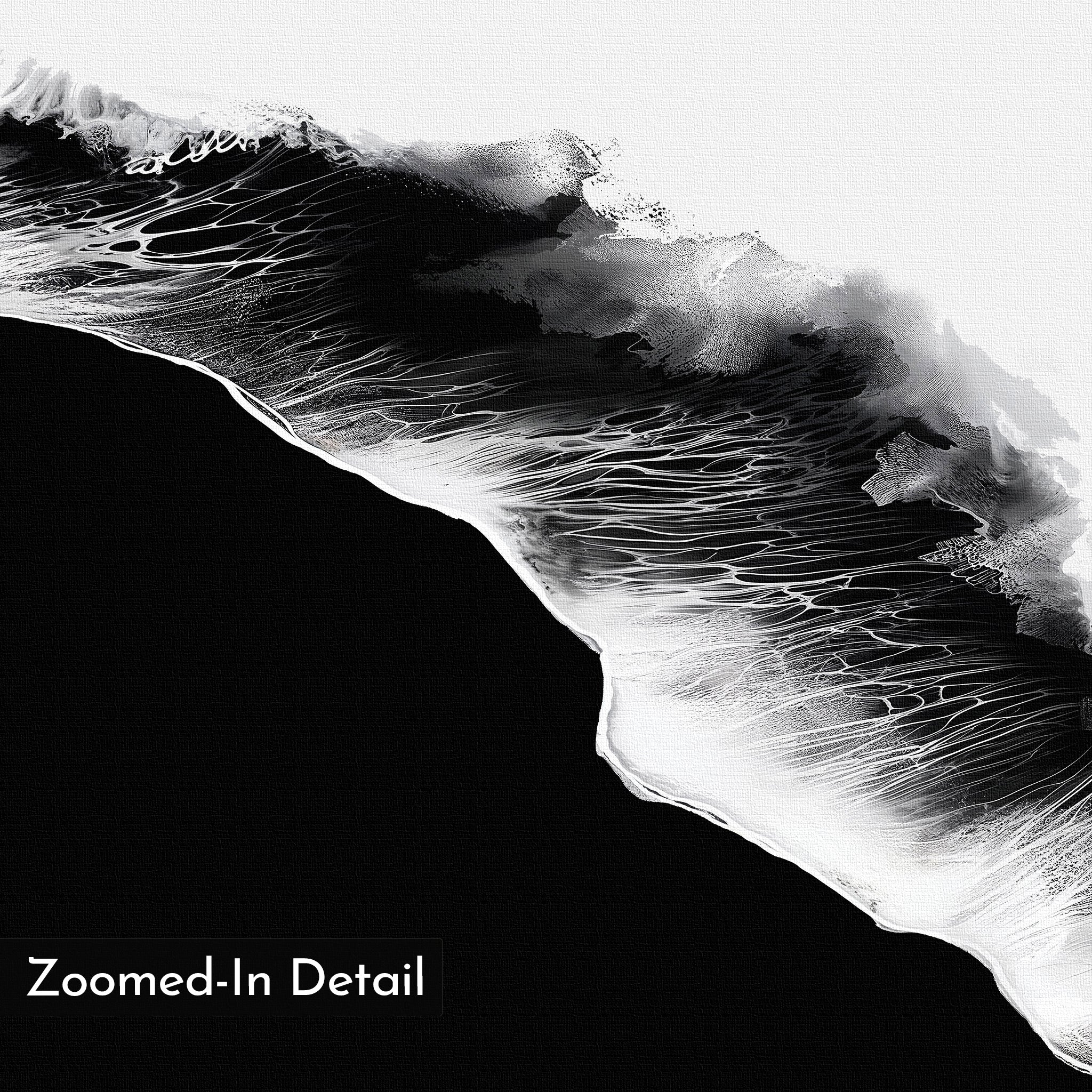 Black Ocean Abstract Canvas Art features intricate black and white textures resembling ocean waves, with bold contrasts. Ideal for large or minimalist wall decor. The lower left corner includes the text “Zoomed-In Detail.”.