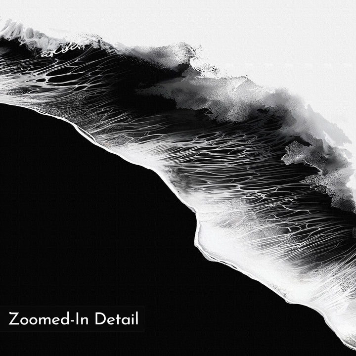 Black Ocean Abstract Canvas Art features intricate black and white textures resembling ocean waves, with bold contrasts. Ideal for large or minimalist wall decor. The lower left corner includes the text “Zoomed-In Detail.”.