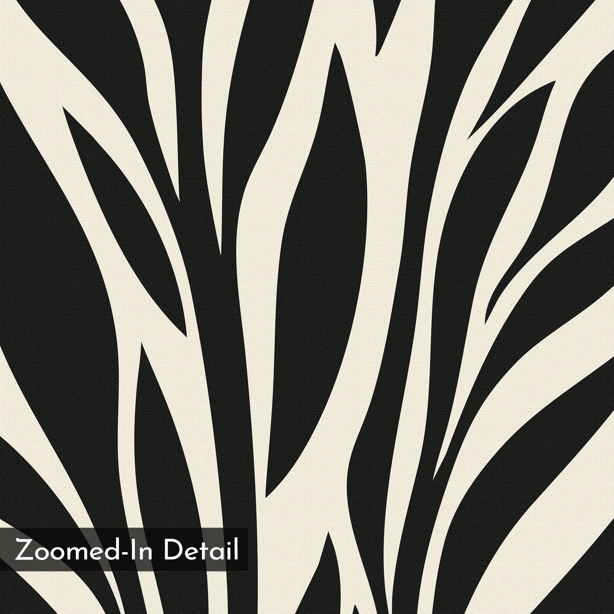 A close-up of Black Palm Study Canvas Art showcases bold, curved black and white lines—a striking minimalist piece for modern interiors. “Zoomed-In Detail” appears in the bottom left corner on a dark rectangle.