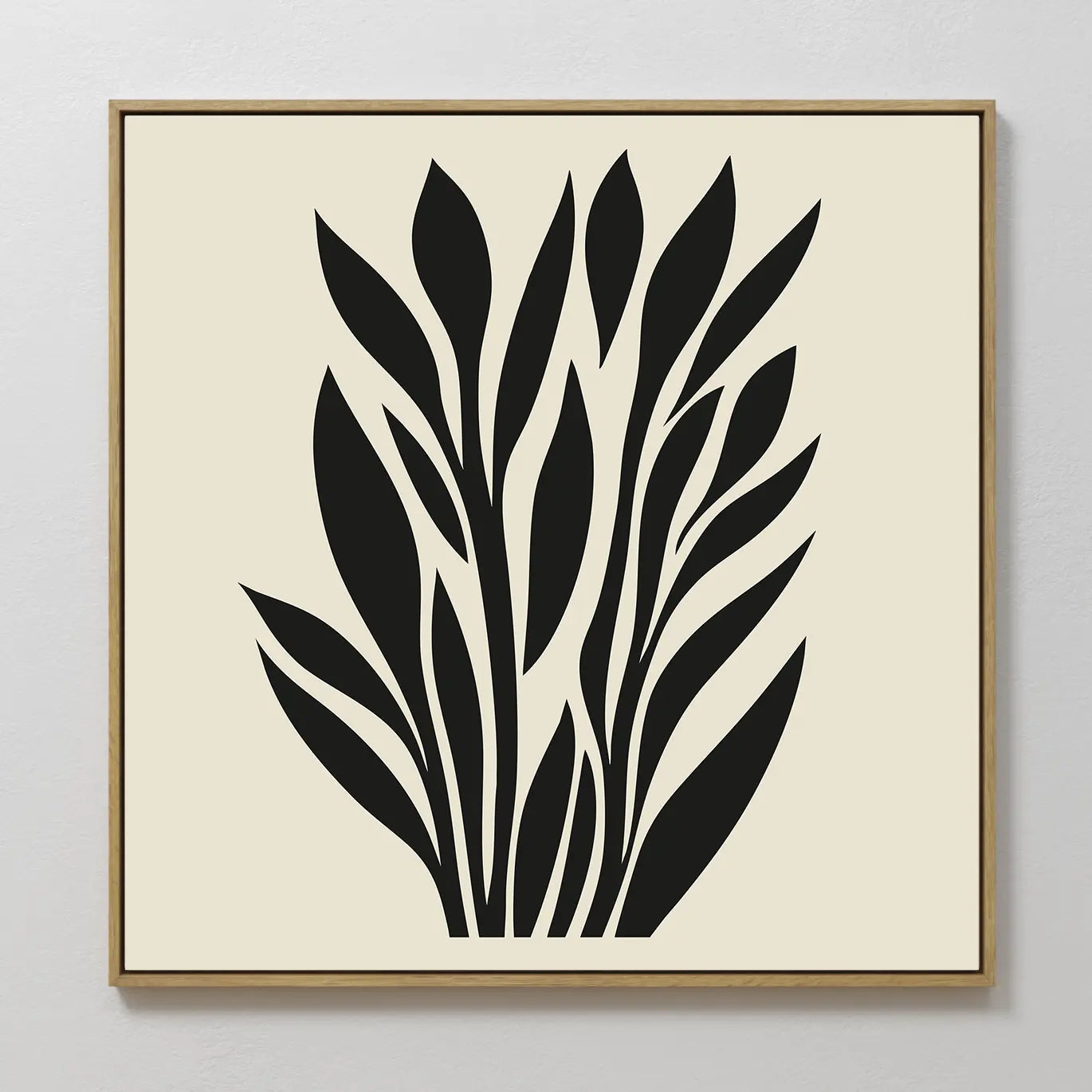 Black Palm Study Canvas Art features abstract black palm leaves on a cream background in a slim wooden frame—an elegant, minimalist piece ideal for modern interiors.