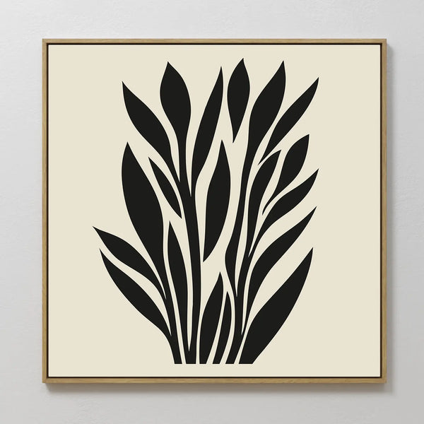 Black Palm Study Canvas Art features abstract black palm leaves on a cream background in a slim wooden frame—an elegant, minimalist piece ideal for modern interiors.