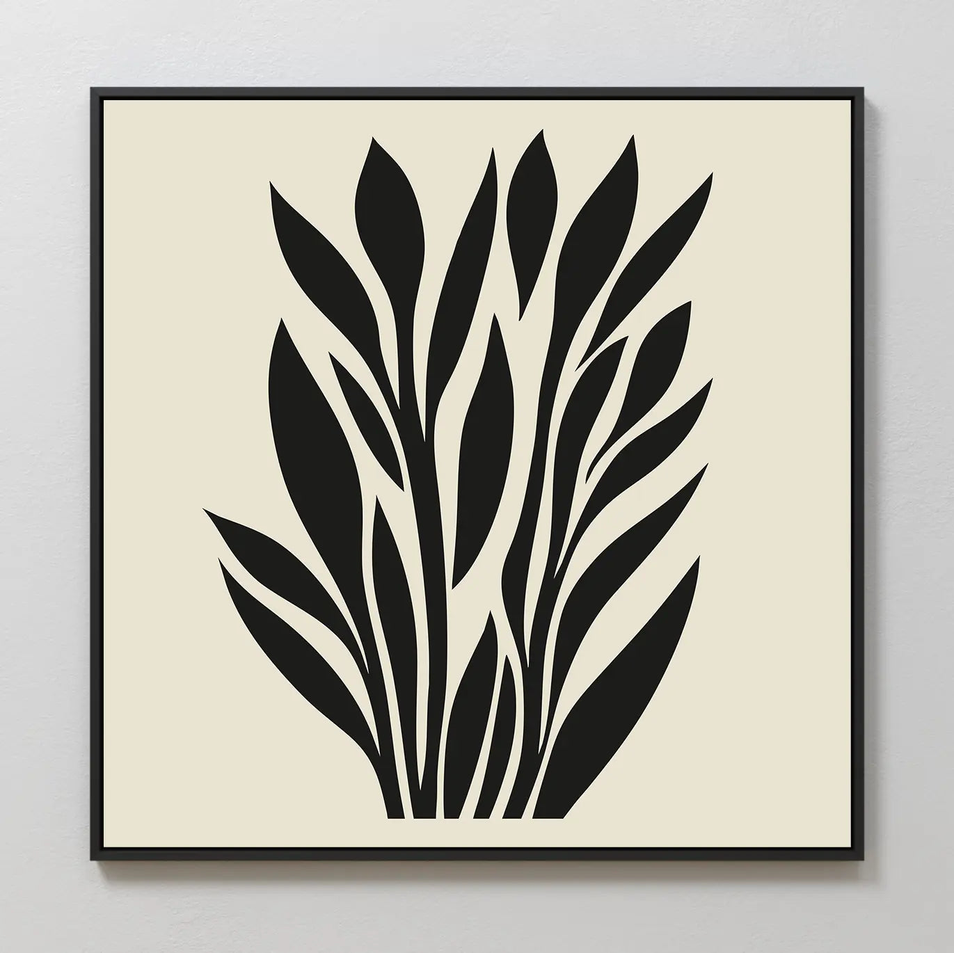 Black Palm Study Canvas Art features black palm leaves on a cream background, framed with a thin black border for bold contrast—an ideal modern accent for any contemporary space.