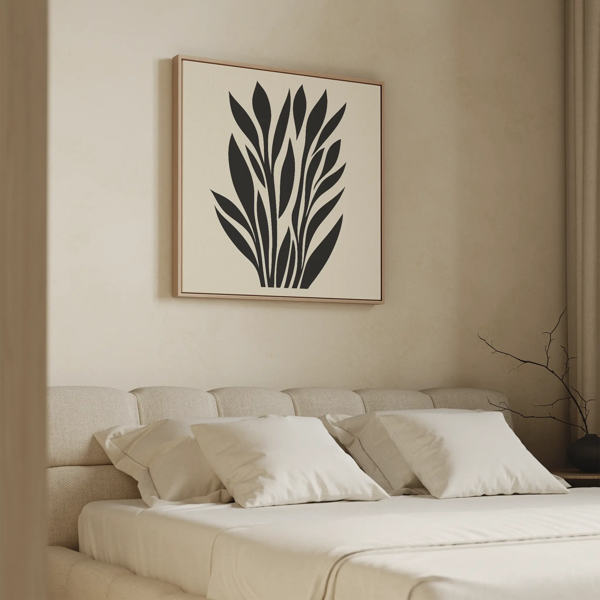 Minimalist bedroom with beige walls and bedding, white pillows, and a bare branch in a vase. The Black Palm Study Canvas Art hangs above the bed, adding modern style with its striking palm leaf design—ideal for contemporary interiors.