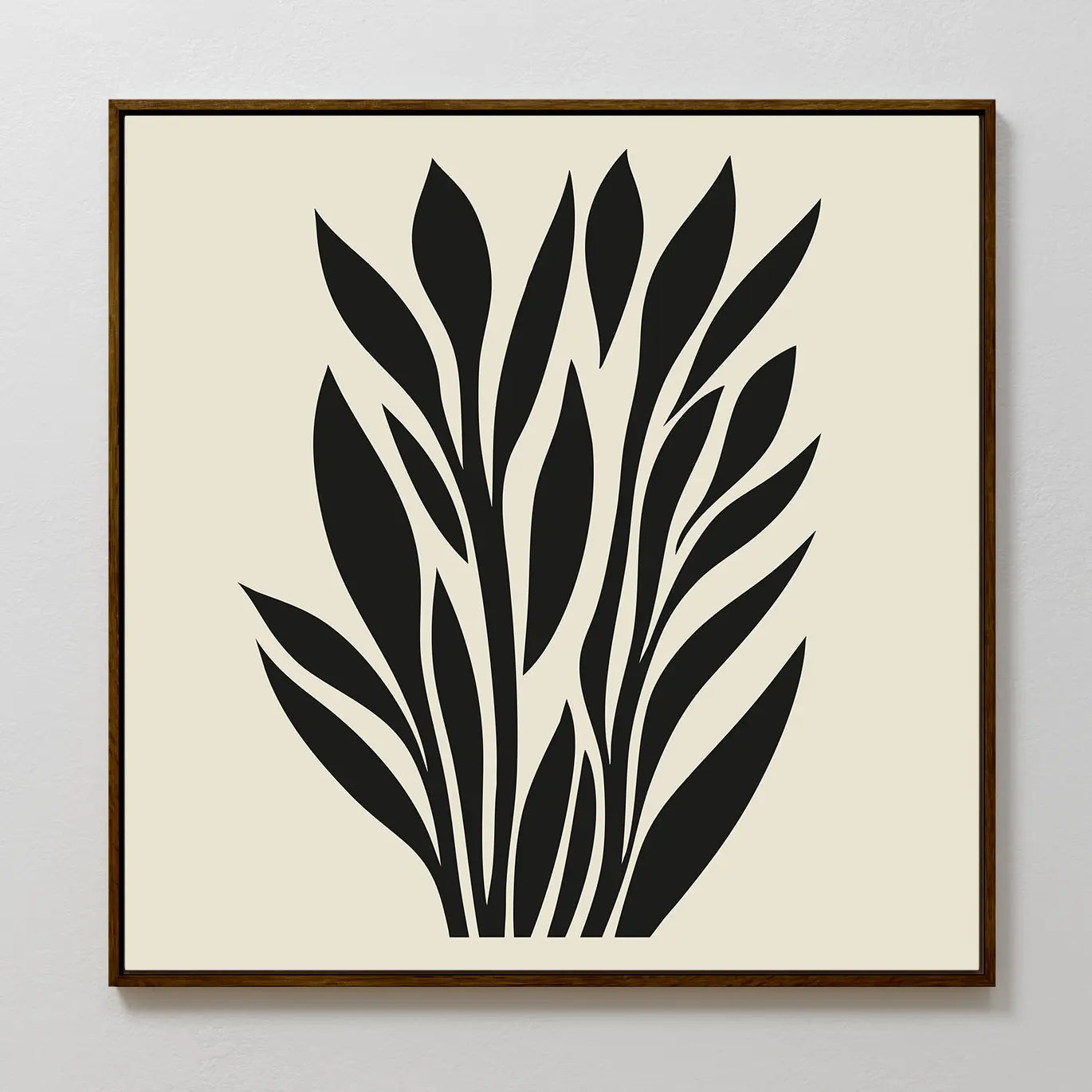 Black Palm Study Canvas Art showcases black palm leaves in a vertical arrangement on a light beige background, set in a sleek dark wood frame—ideal for adding modern elegance to any space.