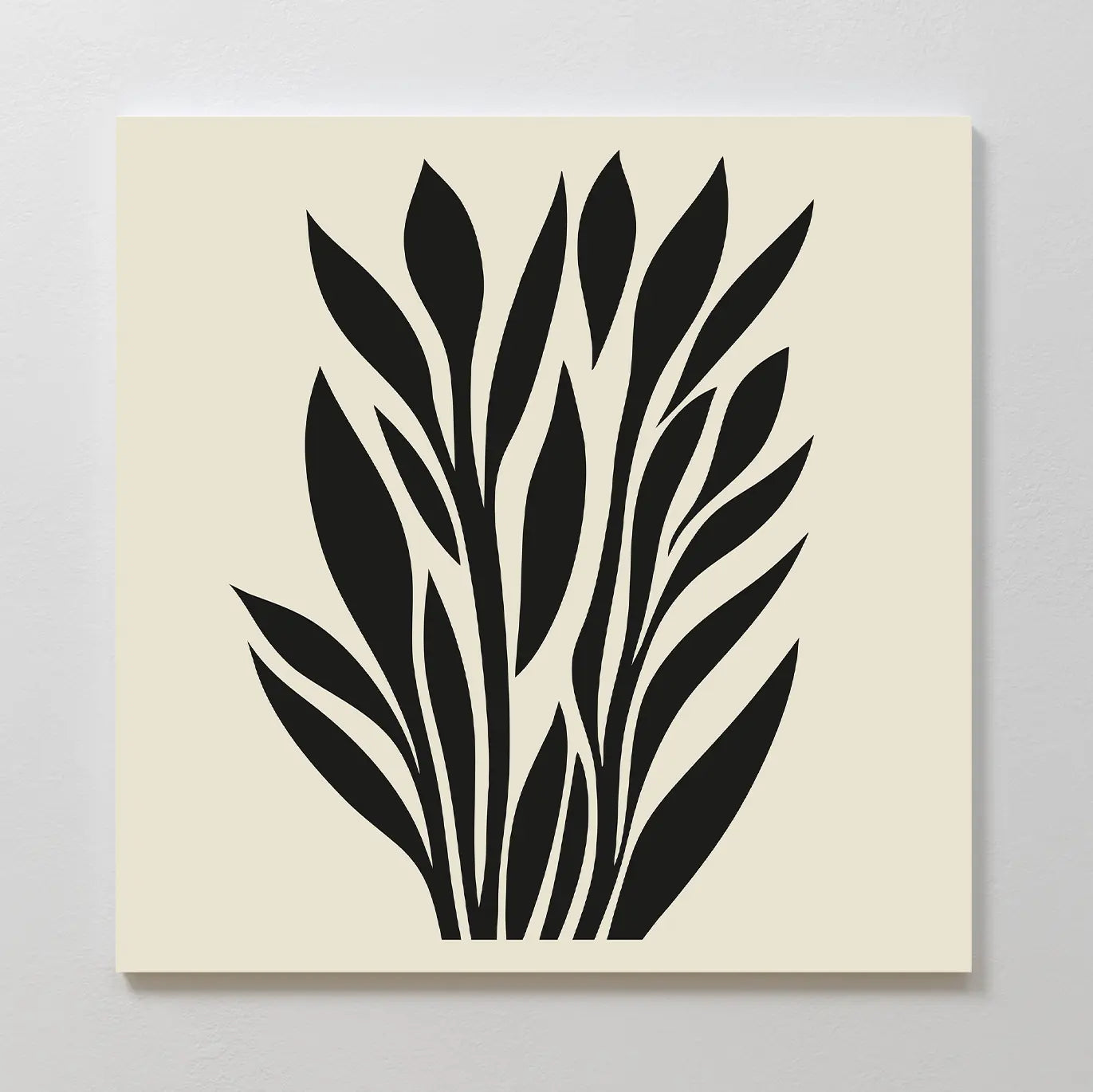 Black Palm Study Canvas Art: Minimalist wall art featuring black palm leaves on a cream square canvas. Its simple, elongated shapes provide a bold, modern look perfect for contemporary interiors.