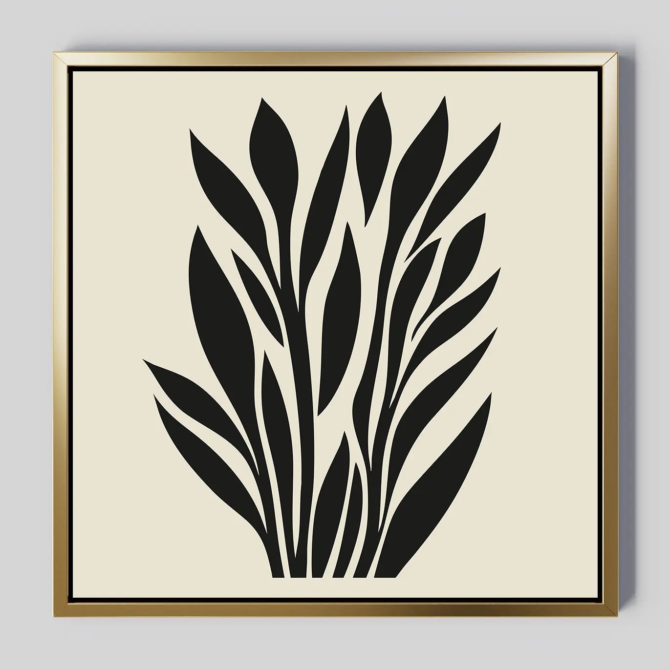 Black Palm Study Canvas Art showcases abstract black palm leaves on a beige backdrop, framed in a thin gold metallic frame—an ideal minimalist wall piece to elevate modern interiors.