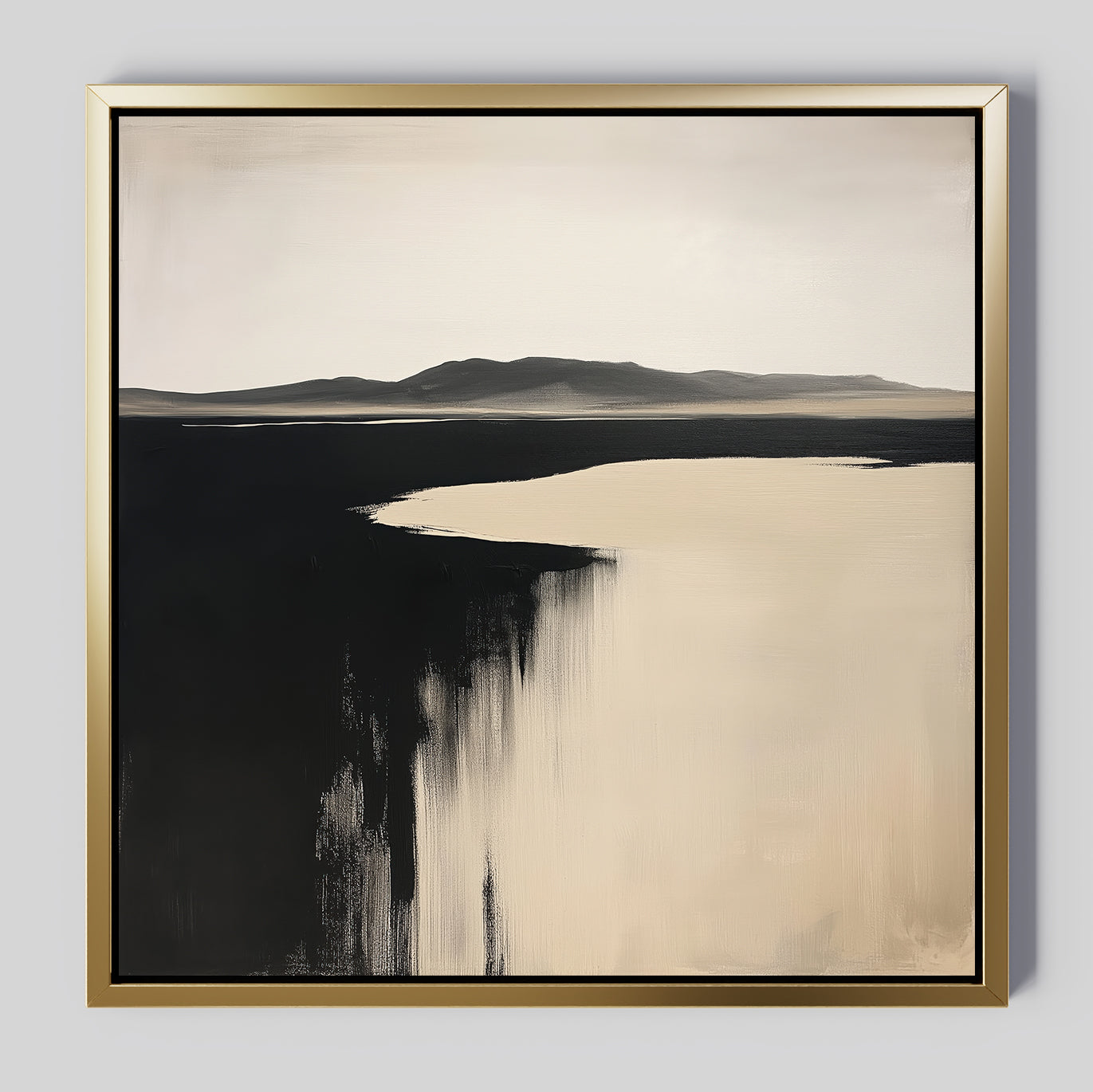 Black Shore Canvas Art features a minimalist landscape in soft beige and black tones with distant mountains and smooth brushstrokes, set in a gold frame—perfect as modern wall art for contemporary living room decor.