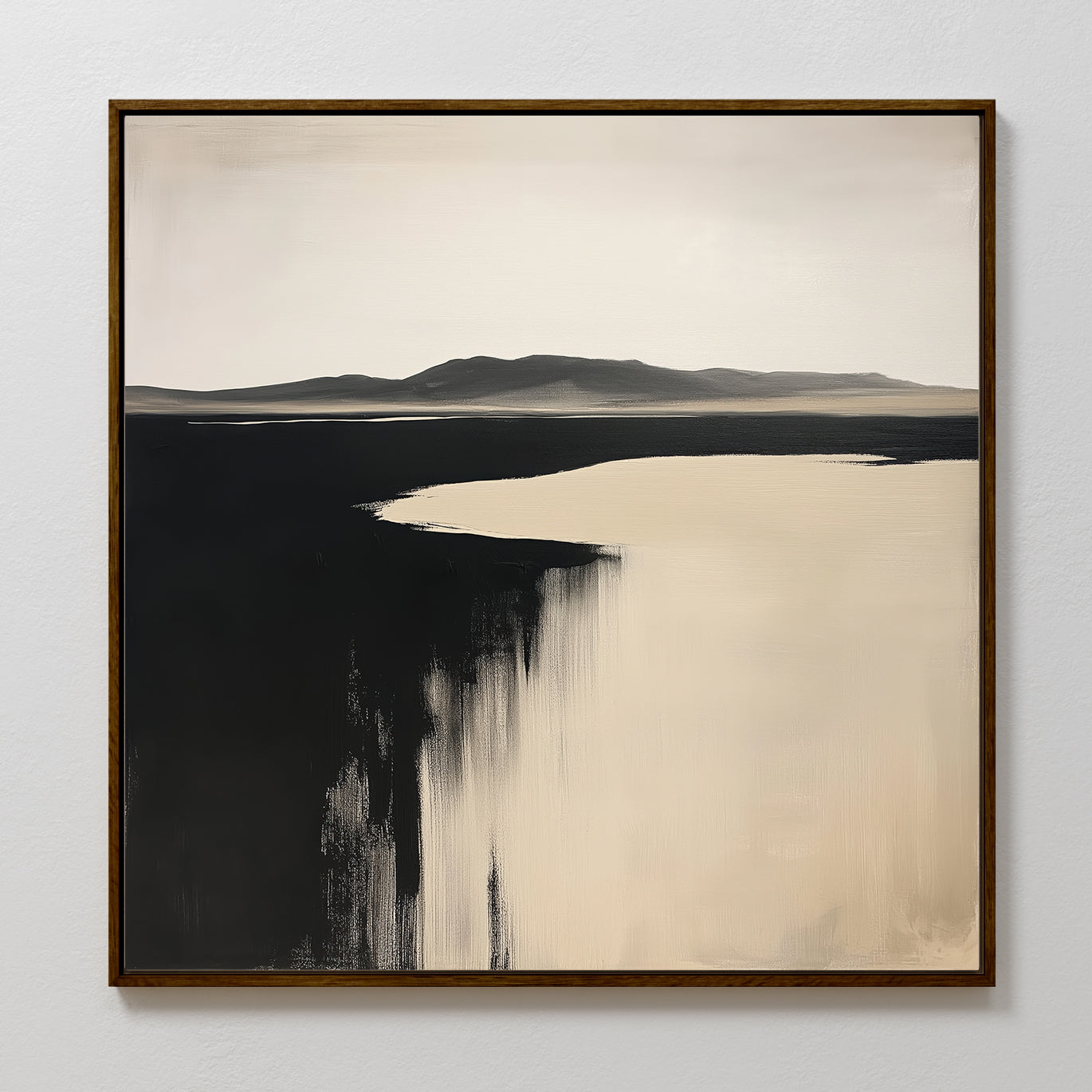 Black Shore Canvas Art showcases a minimalist landscape with a distant mountain range and abstract black and beige brushstrokes, ideal for modern living room decor under a pale sky.