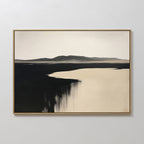 Black Shore Canvas Art – Horizontal: Minimalist wall art with distant mountains, open plains, and reflective water in black and beige abstract brushstrokes, elegantly framed in gold—ideal for modern living room decor.