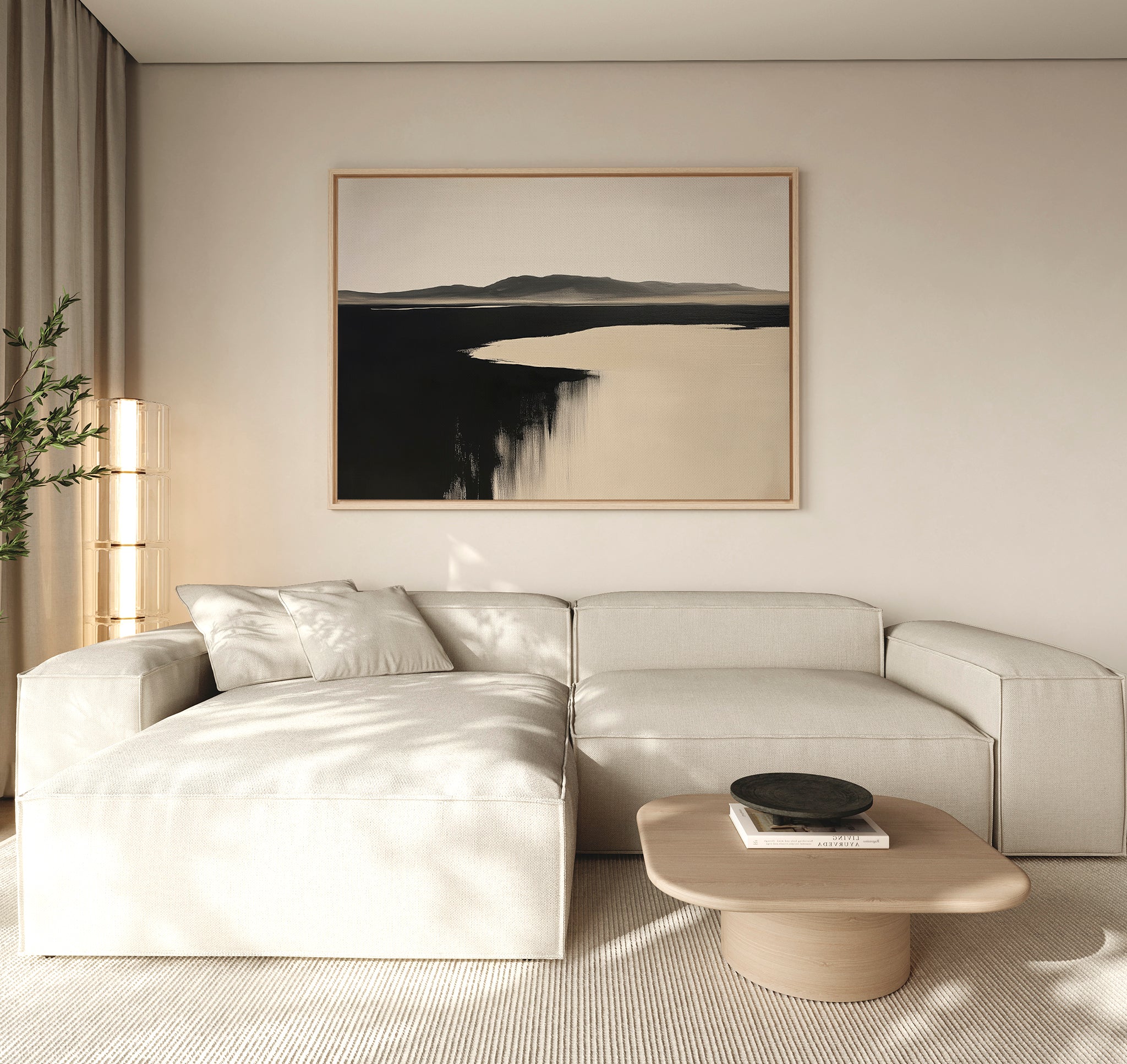 A modern living room with a beige sectional sofa, light wood coffee table, and Black Shore Canvas Art – Horizontal hanging above. Sheer curtains and a tall plant to the left complete the decor.