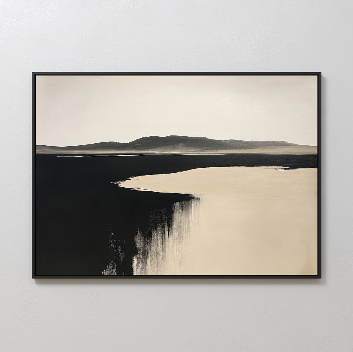 The Black Shore Canvas Art – Horizontal features minimalist wall art with soft beige and black tones, a calm water body, dark mountains, and an abstract serene vibe in a black frame—ideal for modern living room decor.