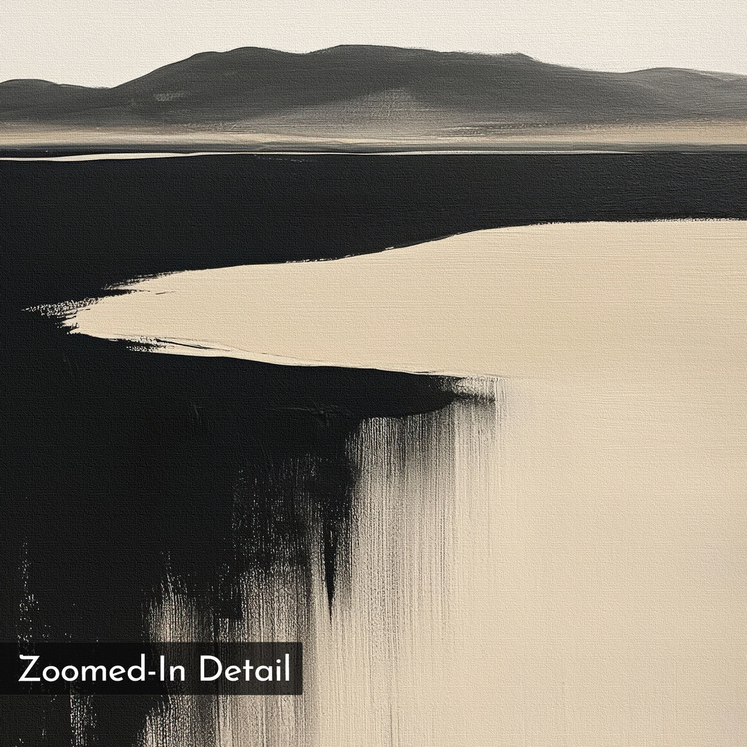 Black Shore Canvas Art features a large black area blending into beige with horizontal and vertical brushstrokes. Blurry mountain shapes evoke a tranquil shoreline, ideal for modern living room decor. “Zoomed-In Detail” appears in the lower left corner.