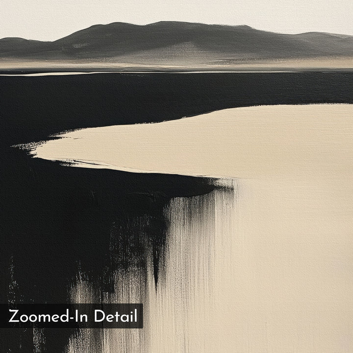 Black Shore Canvas Art features a large black area blending into beige with horizontal and vertical brushstrokes. Blurry mountain shapes evoke a tranquil shoreline, ideal for modern living room decor. “Zoomed-In Detail” appears in the lower left corner.