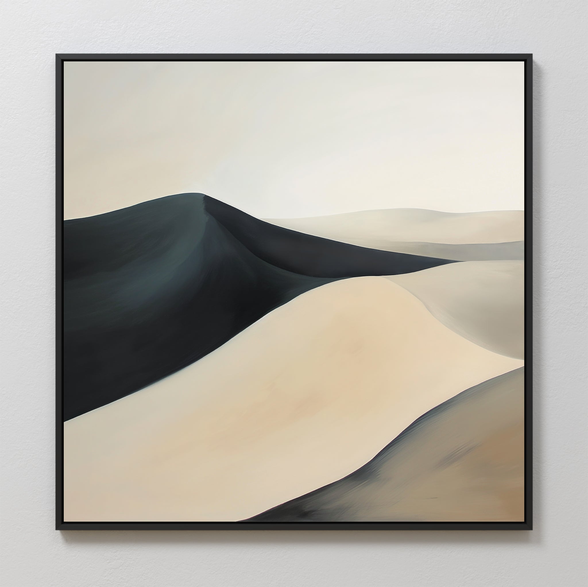 Black Veil Abstract Canvas Art features smooth, flowing lines and soft beige, cream, and black tones to create a serene minimalist landscape—ideal modern wall art for sophisticated living room decor.