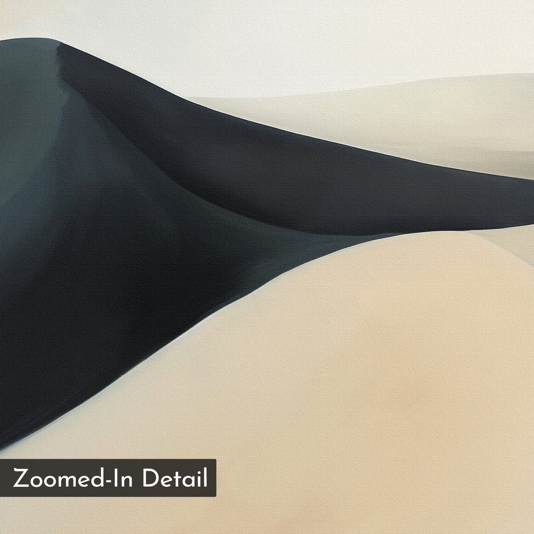 Black Veil Abstract Canvas Art features smooth, flowing sand dunes in beige and black tones. A bold contrast adds a modern touch, perfect as minimalist wall art for your living room. “Zoomed-In Detail” appears in the lower-left corner.