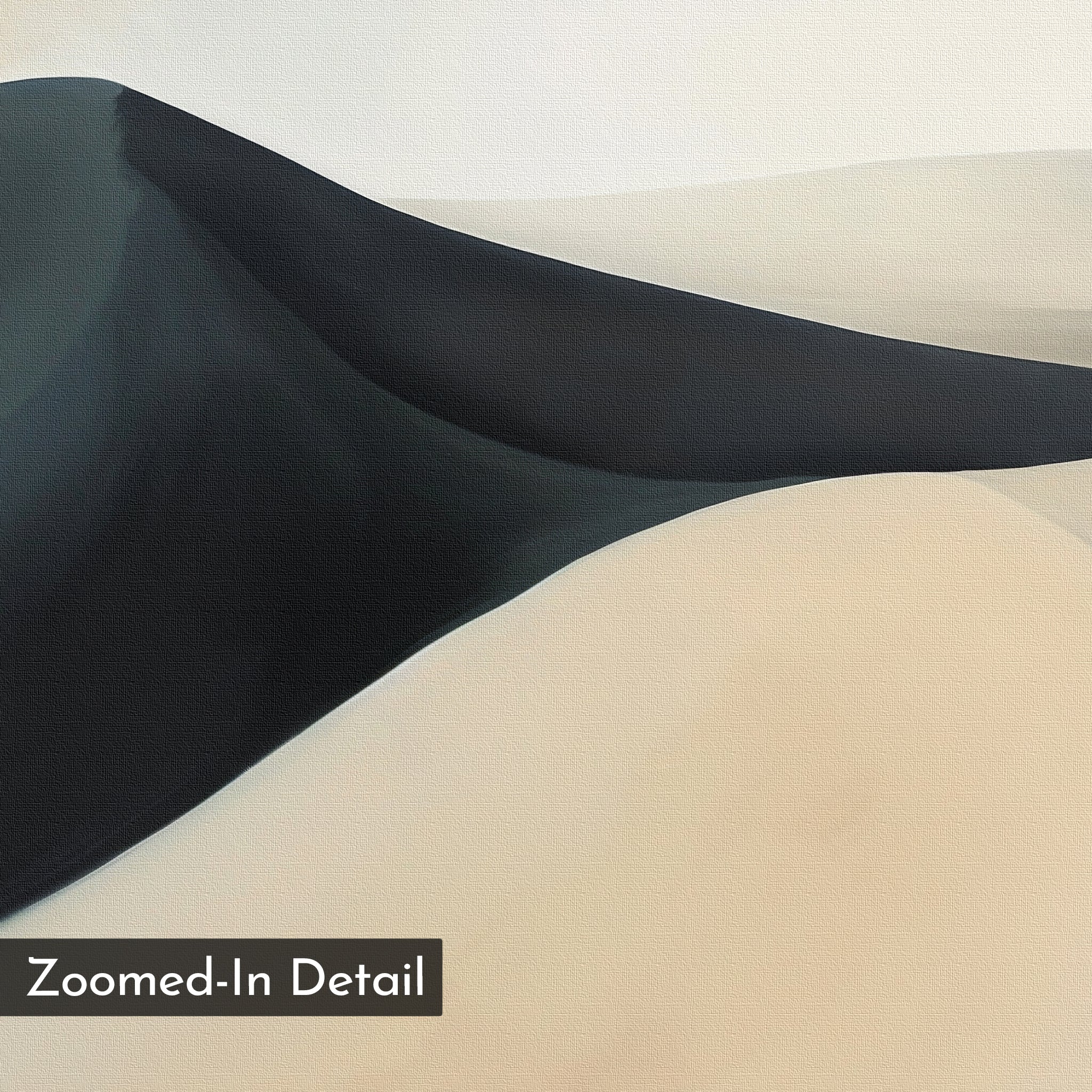 Black Veil Abstract Canvas Art features smooth, flowing sand dunes in beige and black tones. A bold contrast adds a modern touch, perfect as minimalist wall art for your living room. “Zoomed-In Detail” appears in the lower-left corner.