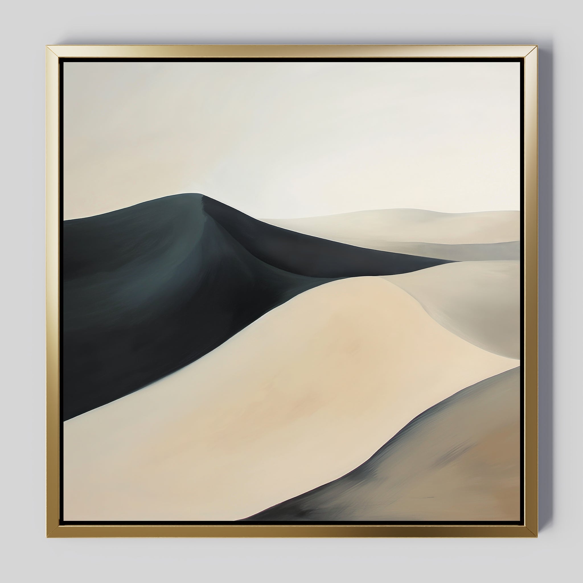 Black Veil Abstract Canvas Art features smooth, curved sand dune forms in beige, cream, and dark gray. Its soft lighting and calm design make it the perfect modern wall art for enhancing sophisticated living room decor.