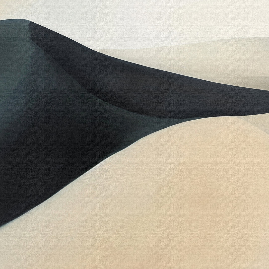 Black Veil Abstract Canvas Art features smooth sand dunes with bold contrasts—a dark dune set against lighter beige ones under a pale sky. This minimalist wall art adds an elegant touch to modern living room decor.