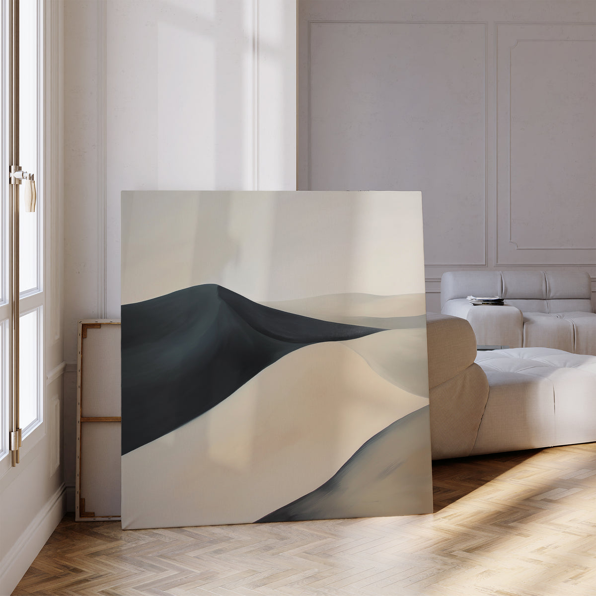 The Black Veil Abstract Canvas Art, a large minimalist piece depicting abstract forms, leans against the wall in a bright modern living room with parquet floors, a white sofa, and sunlight streaming through tall windows.