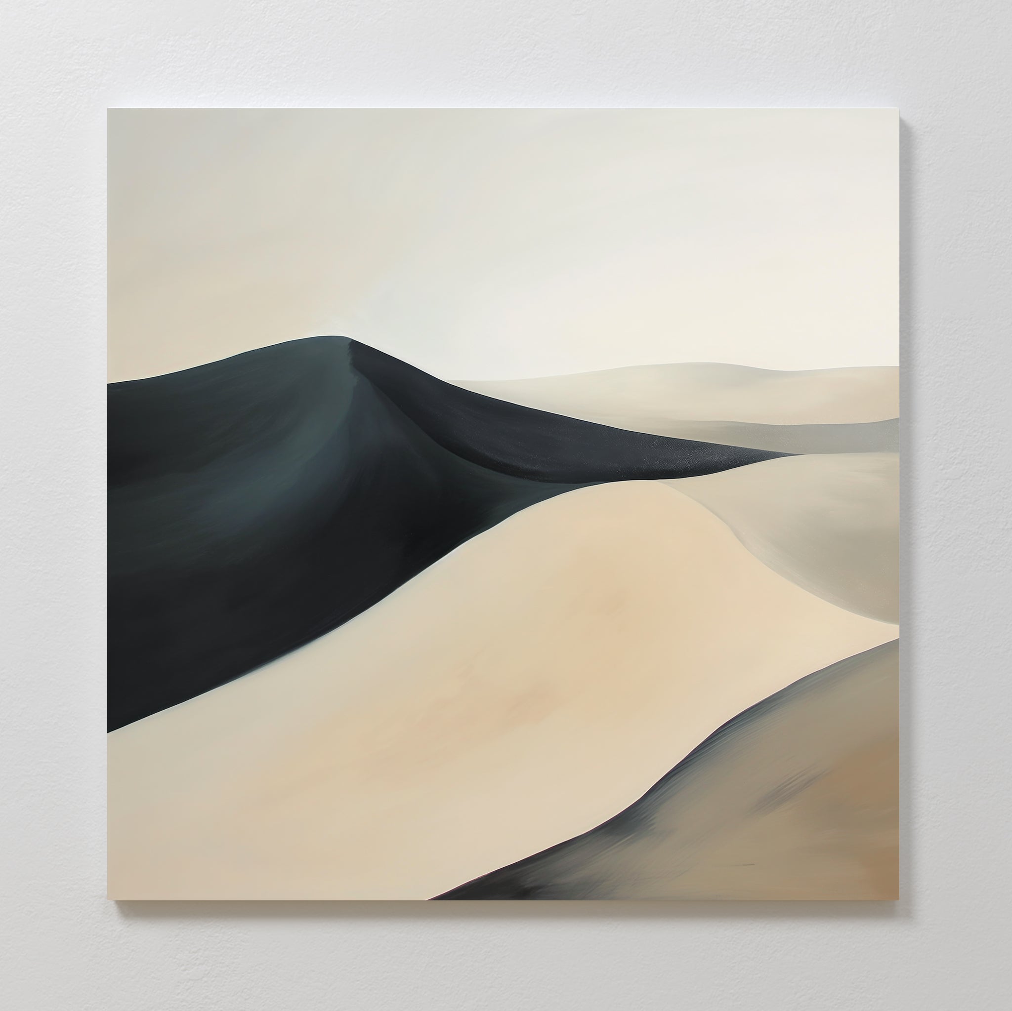 Black Veil Abstract Canvas Art features smooth curves of rolling sand dunes in beige, tan, and black on a neutral background—ideal modern wall art to bring a serene, abstract desert landscape to your living room decor.