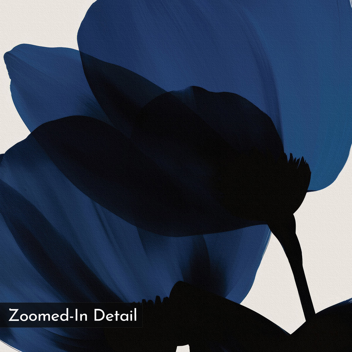 The Bloom Abstract Canvas Art – Horizontal features a close-up of dark blue petals with soft, blended edges on a light background. A black label reads "Zoomed-In Detail"—ideal modern wall art for living room decor.